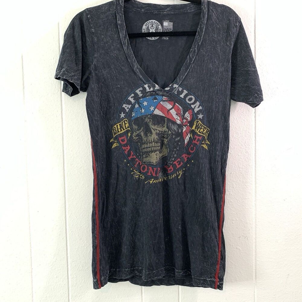 Affliction American Womens Large Graphic T Shirt Black Daytona Beach Skull Y2K